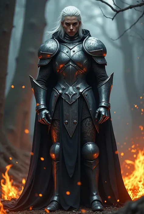 knight. chrome armor. white  hair. tattooed. Raby. Dark background and trees . fire . 