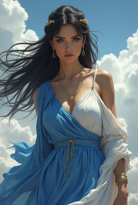 A woman with black hair tied with gold clips, she has brown eyes, wears Greek goddess style clothing with blue details. She also has some gold accessories and her hair is flying in the wind.