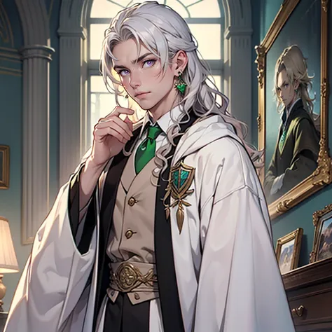 ((masterpiece)), (((best quality))), solo, 1 male, wizard, pale white skin, white-blonde hair, long hair, curly hair, handsome man, bright purple eyes, tall, Slytherin uniform with black robes, green, silver accents, simple earrings, highest quality, highl...