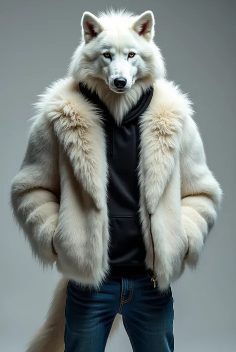 Wolf furry boy in white and black outfit blue jeans 