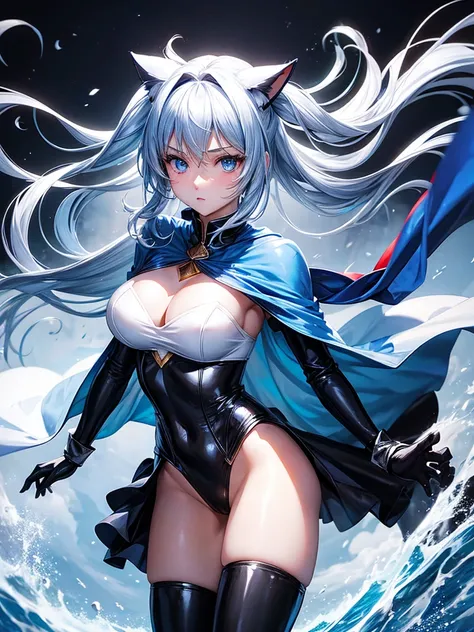 Hot girl, white air, blue eyes, black super hero clothes like superman, blue glove, blue cape  cat ears