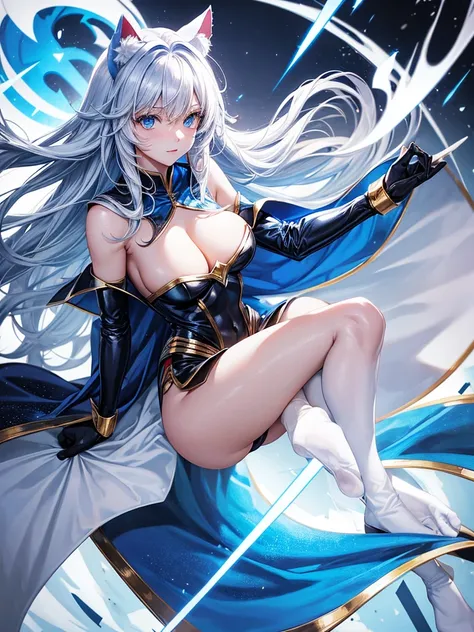 Hot girl, white air, blue eyes, black super hero clothes like superman, blue glove, blue cape  cat ears