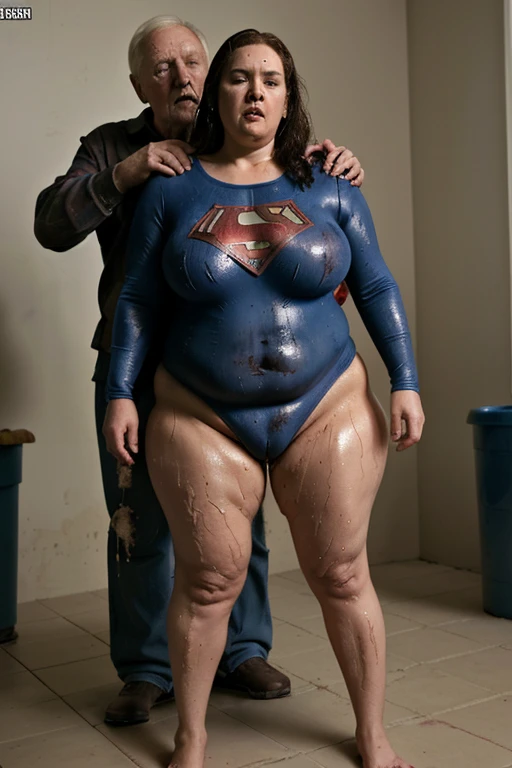 bbw superheroine is standing and paralyzed in front of an old man who grabs her crotch, full body, mature bbw, submissive and exhausted, urinating and defecating standing, wet and dirty clothes