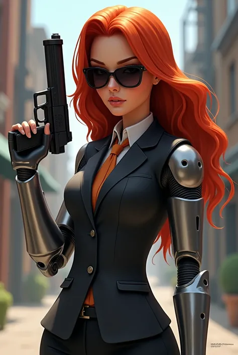 Generates a red-haired female spy with a metal arm who has her 5 senses heightened and wears sunglasses, Dress smartly and always carry a gun with a silencer. Let the drawing style you generate be similar to the 3D animation of the animated series What If