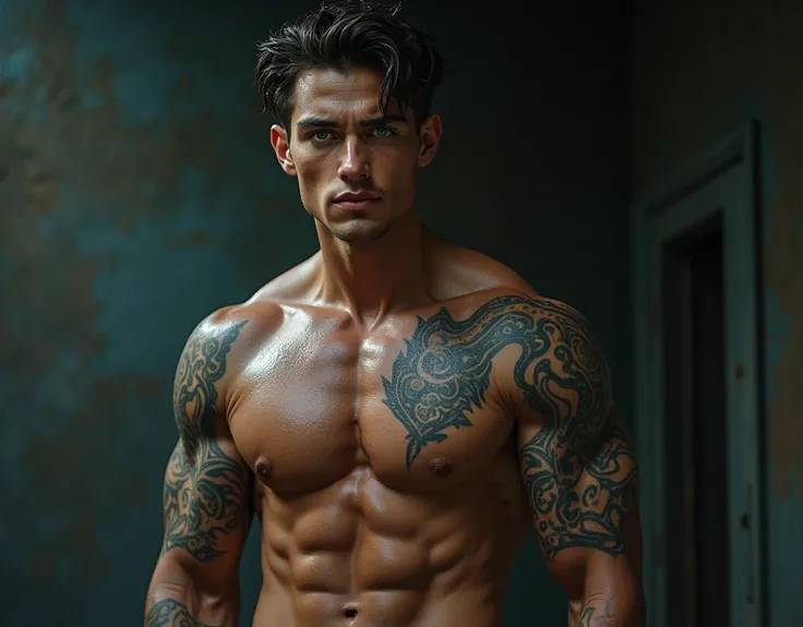 young and handsome boy, (huge),(Member details), ((camera from below)), in all its height, (looking to the camera), headcheese, Strong body,nakedness , ((tattoo)) , body details, ((drops of sweat on the body)), physics based rendering, dynamic pose, (smile...