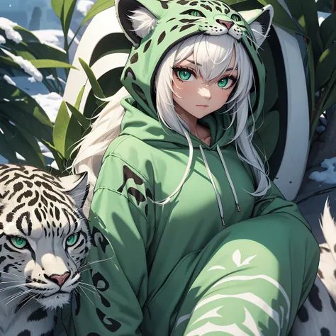 Anthropomorphic female snow leopard with green eyes wearing hoodie