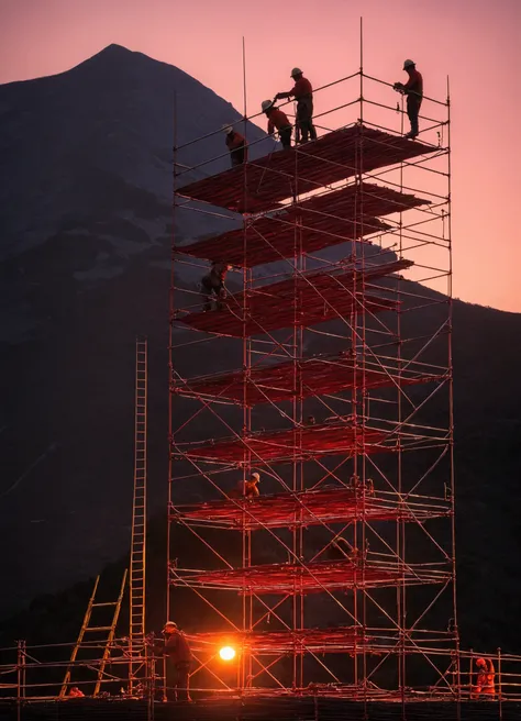 Scaffold workers working on scaffold far away in the dim red sunset, with a mountain in background 