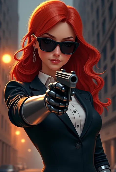 Generates a red-haired female spy with a metal arm who has her 5 senses heightened and wears sunglasses, Dress smartly and always carry a gun with a silencer. Let the drawing style you generate be similar to the 3D animation of the animated series What If