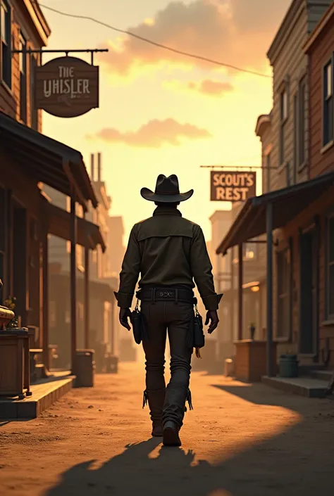 A cowboy walking through a town at dusk. The store he walks by has a sign that says, “The Whistler.” Another sign in the distance says. Another sign says “Scout’s Rest.” His back is shown. 