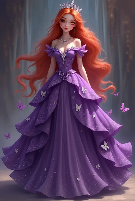 Girl with red hair and golden eyes, dressed in a long, flared royal dress, Purple color with butterfly designs, and white glitter, fushia heels and a silver tiara adorned with purple pearls