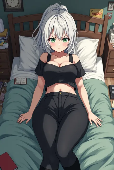 Anime girl, genshin impact, light green pupils,1girl, stern look, medium breasts, middle aged, messy room, on bed side, high knee sock, nonchalant, very messy white hair, narrow eyes, black crop top, black harem pants, short hair with ponytail, whole body ...