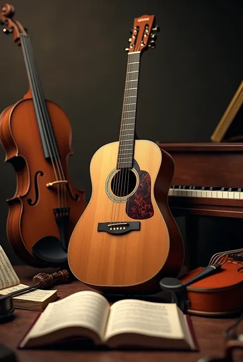 A guitar behind has several instruments and a Bible standing open in front caption instrumental classes