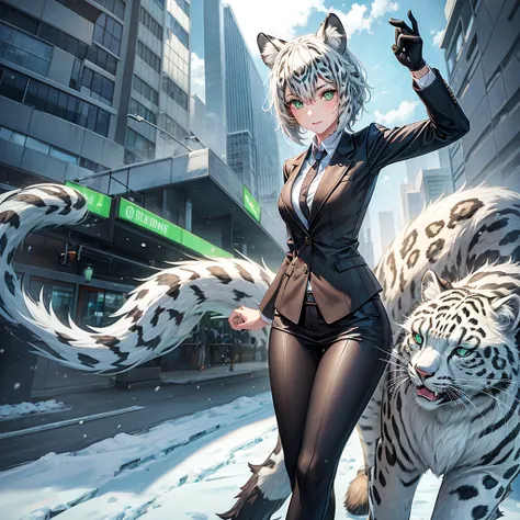 Anthropomorphic female snow leopard with green eyes wearing office clothes