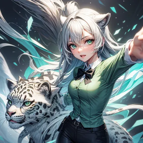 Anthropomorphic female snow leopard with green eyes wearing office clothes