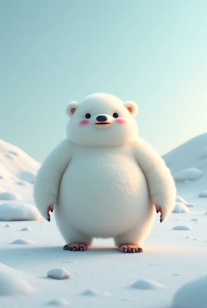 Create a chubby person with polar bear fur and penguin legs in a snowy landscape