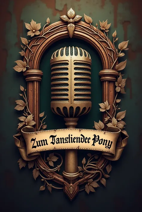 Create a logo for a podcast titled: “To the Prancing Pony”, with a medieval style microphone, with the title in the logo in German 