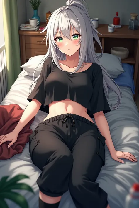 Anime girl, genshin impact, light green pupils,1girl, 4k, realistic, medium breasts, middle aged, messy room, on bed side, high knee sock, nonchalant, very messy white hair, narrow eyes, black crop top, black harem pants, short hair with ponytail, whole bo...