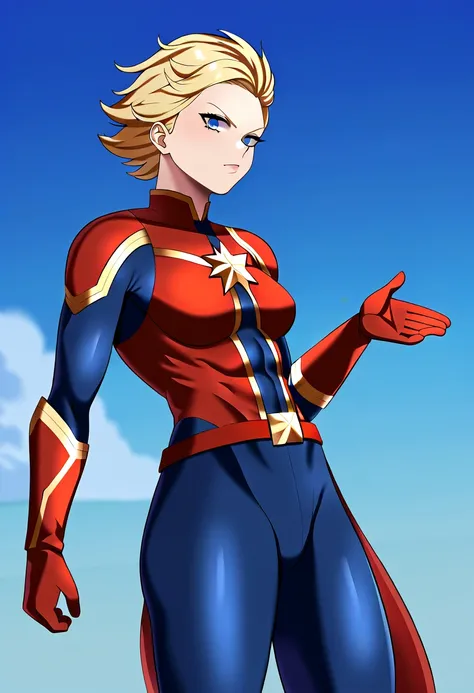 score_9, score_7_up 1girl, solo, captain marvel, blonde hair, tomboy,