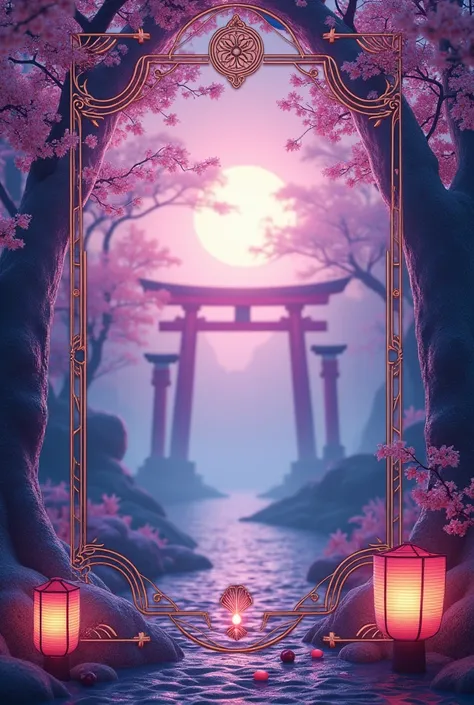 Create a romantic frame background to add photos with references to tarot cards, Japan and acai.