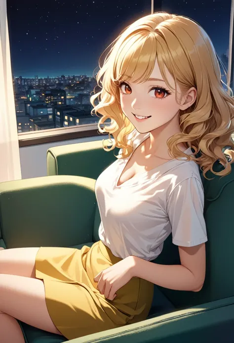 detailed illustration, dynamic angle, ultra-detailed, illustration, 1girl, 18 year old, school girl, red eyes, white blouse, short blonde hair, smiling, happy, wavy hair, tight yellow t-shirt, cleavage, medium breasts, short green skirt, sitting on couch, ...