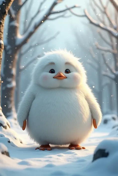 Create a chubby person with white hair all over the body and penguin legs in a snowy landscape