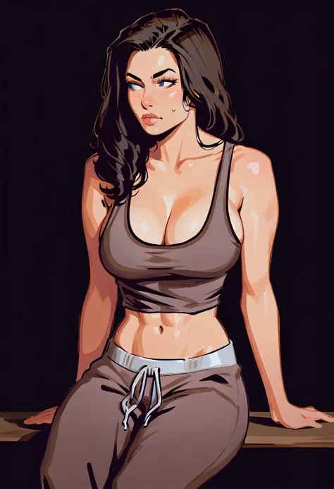 score_9, score_7_up 1girl, solo, wonder woman, cleavage, tank top, sweatpants, large breasts, sitting, midriff peek, looking to the side