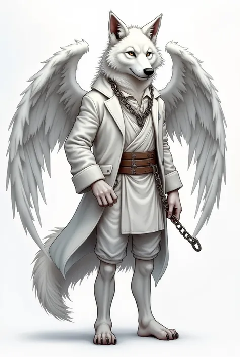 draw Wolf furry in white clothes with a chain 
with wings