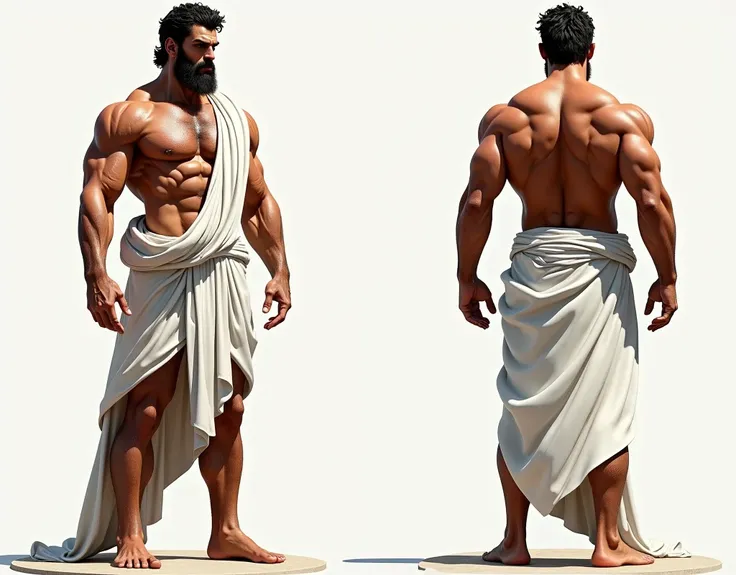 (masterpiece), ultra detailed, 3 views, character view (Front view, side view , back view), (detailed character sheet) , reference sketch of a god, God of Greek mythology, His physical appearance is often portrayed as having a strong and muscular build., W...