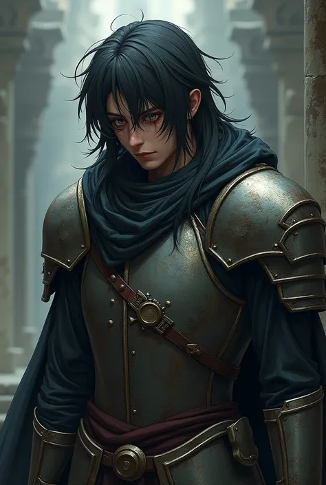 A young man with long anime-style hair and broken armor and a completely depressed face 