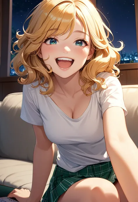 detailed illustration, dynamic angle, ultra-detailed, illustration, 1girl, 18 year old, school girl, dark blue eyes, white blouse, short blonde hair, smiling, happy, wavy hair, tight yellow t-shirt, tight shirt, cleavage, medium breasts, short green skirt,...