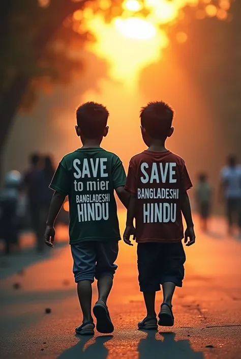 Save Bangladeshi Hindu write print t-shirt back side boys walking road with blur background 