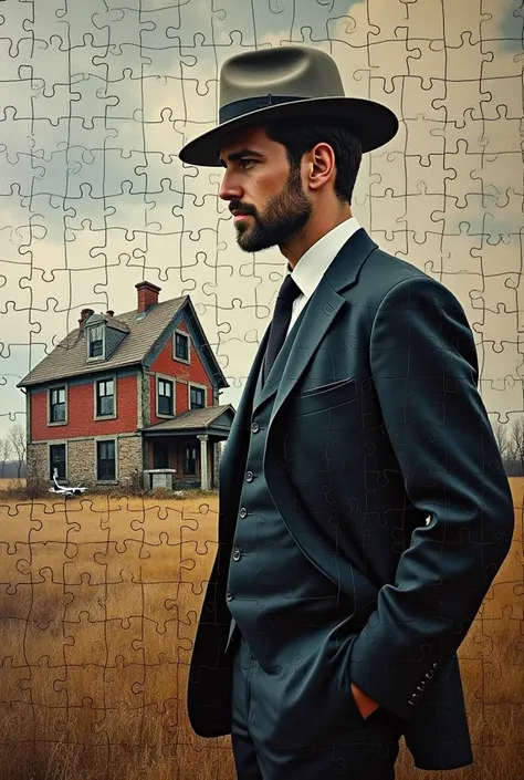 create a mosaic with the elements: forst, Man in suit and hat, derelict house, Plane destroyed