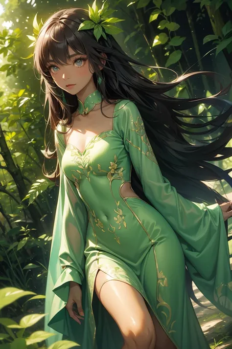 Forest nymph A woman with flowing, leaf-like hair, surrounded by a lush, green forest, her presence embodying the spirit of nature.