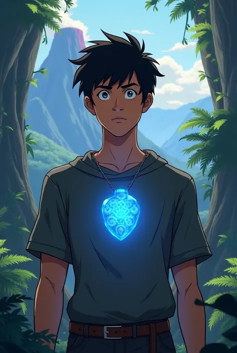 Generate a young man who has a blue stone as a necklace that allows him to transform into any dinosaur. Make the drawing style you generate similar to the 2D animation of INVINCIBLE.