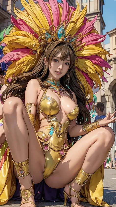 Highest quality, Official Art, masterpiece, Fabric Shading, High resolution, Very detailed, colorful, Best details, Fantasy, High leg samba micro costume:1.5, Yuki Mori:1.5, 1 female, Age 25, Brown Hair, short hair, Twin tails,Naturally flowing bangs, Puff...