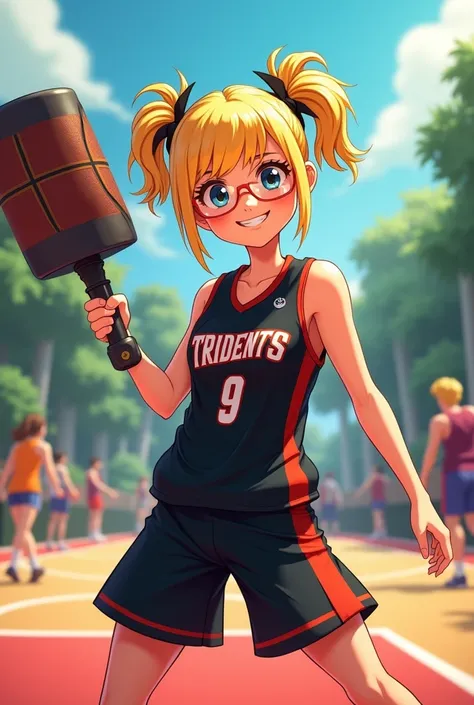 I want a girl with short blonde hair with pigtails with a black basketball outfit with a Trident sledgehammer and happy ROBLOX
