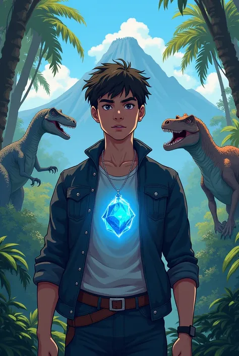 Generate a young man who has a blue stone as a necklace that allows him to transform into any dinosaur. Make the drawing style you generate similar to the 2D animation of INVINCIBLE.