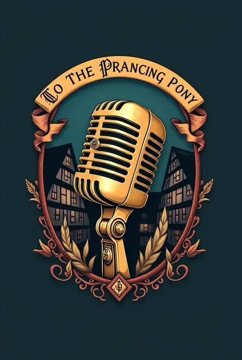 Create a logo for a podcast titled: “To the Prancing Pony”, with a Lord of the Rings style microphone, with the title in the logo and a guest house in the background in German 