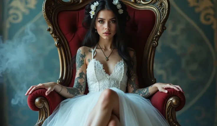 a beautiful young girl, 4k, ultra detailed, intricate tattoos, smoke, expressive beautiful face, long eyelashes, wearing a fantasy white dress, wearing fantasy white high heels, sitting on a throne, crossed legs, sexy, flawless makeup