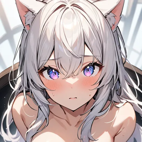 nsfw,1girl,High angle,portrait,nyan,in heat,catgirl,masterpiece, best quality, very aesthetic, absurdres,medium shot),(front View),(medium shot),(hair over breasts),(long