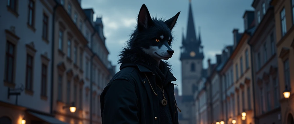 Dark boy fenrir furry anime in black and white clothes in a dark Prague