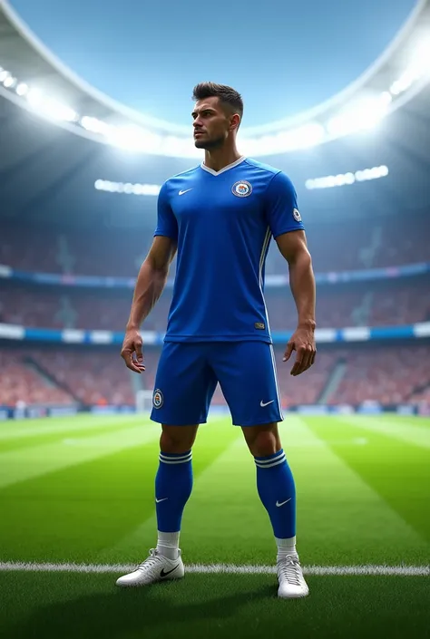 Make a football player with a blue shirt, blue shorts, white socks and football boots in a football stadium 