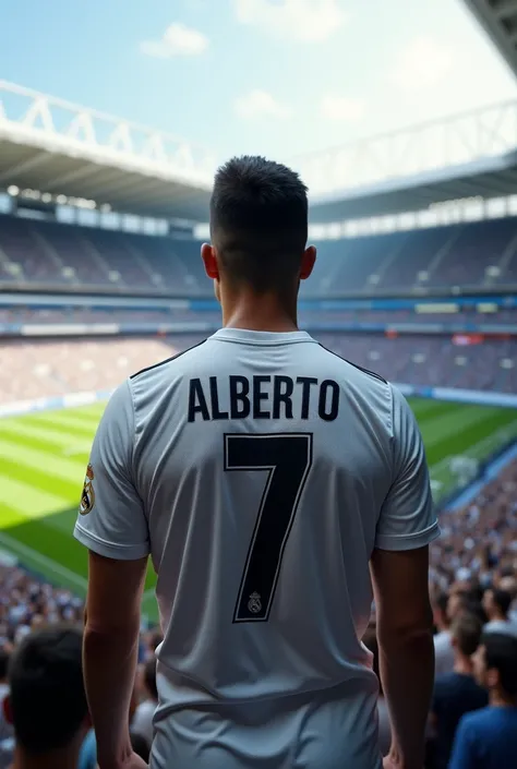 Person wearing the Real Madrid shirt with the number 7 and the name Alberto at the Bernabéu 
