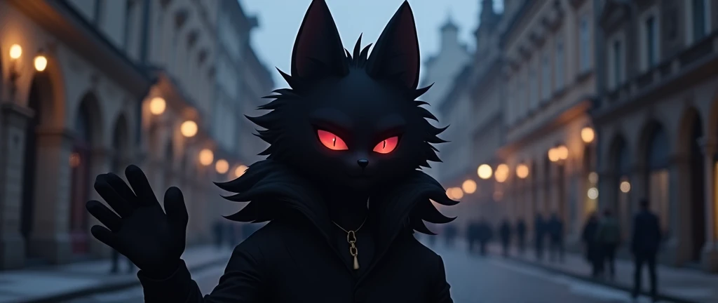 Dark fenrir furry anime in black clothes in a dark Prague