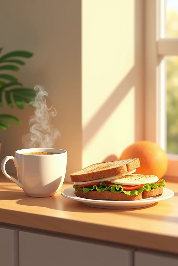 Generate an image of sliced bread heated in the sandwich maker with cream cheese, a cup of coffee with milk and a slightly unripe melon and remove the cheddar 