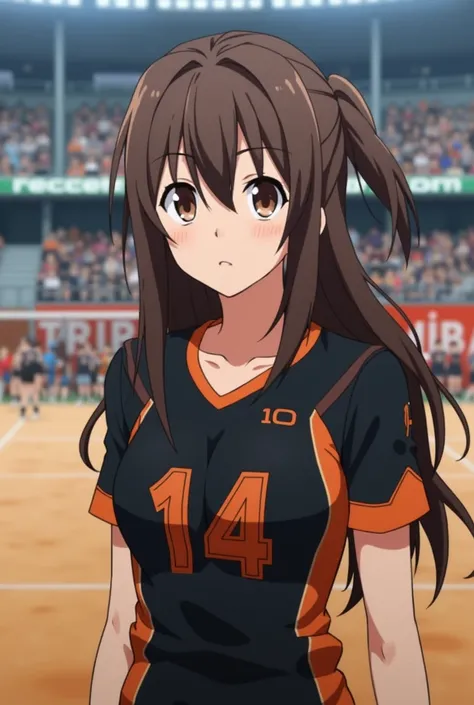 Haikyuu anime screenshot, Long brown haired girl tied up with a colleague, Brown eyes,
16 years, dressed in a black volleyball uniform with orange details number 14, on a volleyball court in a match 