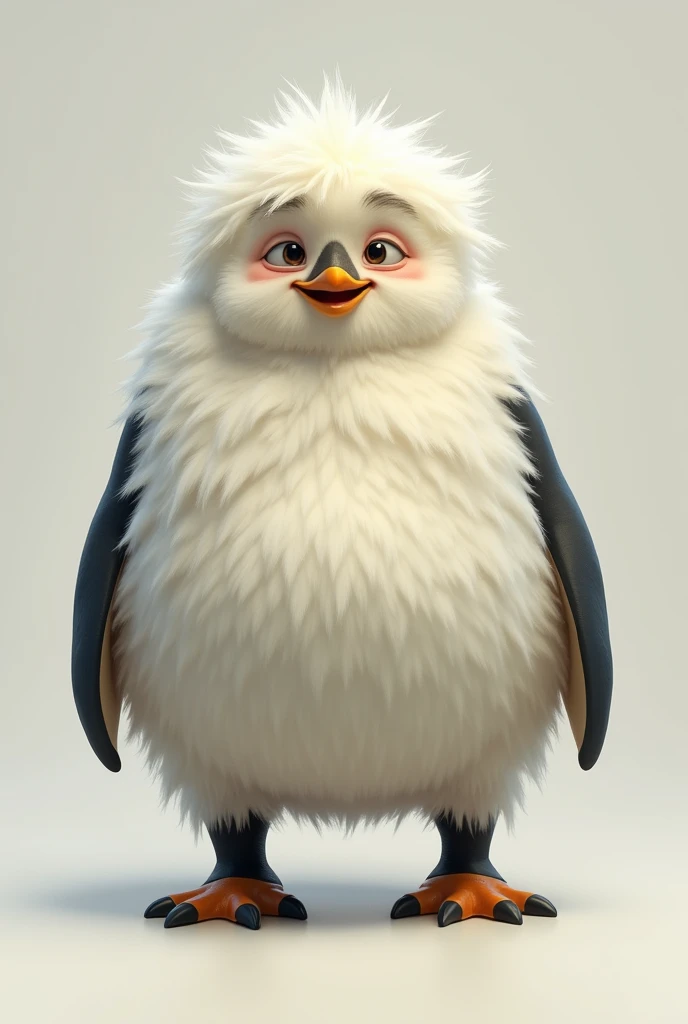 Create a chubby person with white hair all over the body, human face and penguin legs 