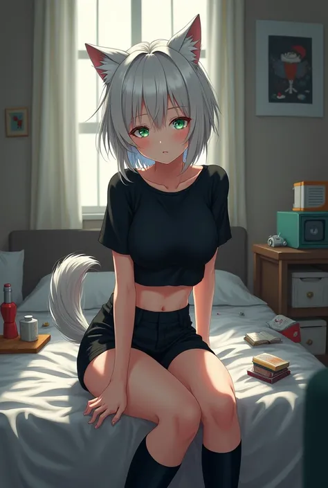 Anime girl, genshin impact, naruto, best quality, masterpiece, high res, light green pupils,1girl, 8k, realistic, medium breasts, 20 years old, messy room, on bed side, high knee sock, nonchalant, wolfcut, very messy white hair, narrow eyes, black crop top...