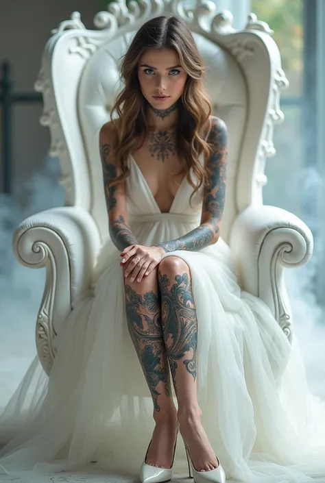 a beautiful young girl, 4k, ultra detailed, intricate tattoos, smoke, expressive beautiful face, long eyelashes, wearing a fantasy white dress, wearing fantasy white high heels, sitting on a white throne, crossed legs, sexy, flawless makeup,shiny skin,youn...