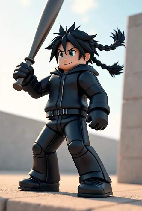 Metal bat style anime character, with roblox style, black, with short braided hair